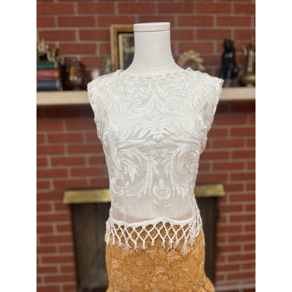 Vintage Lace Fringe Embroidered White Top Sheer S Y2K Boho